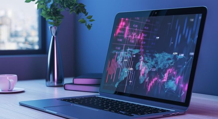 close-up-laptop-computer-with-downward-purple-forex-chart-blue-office-desktop-with-plant-window-with-city-view-coffee-cup-crisis-recession-concept-3d-rendering_670147-47307