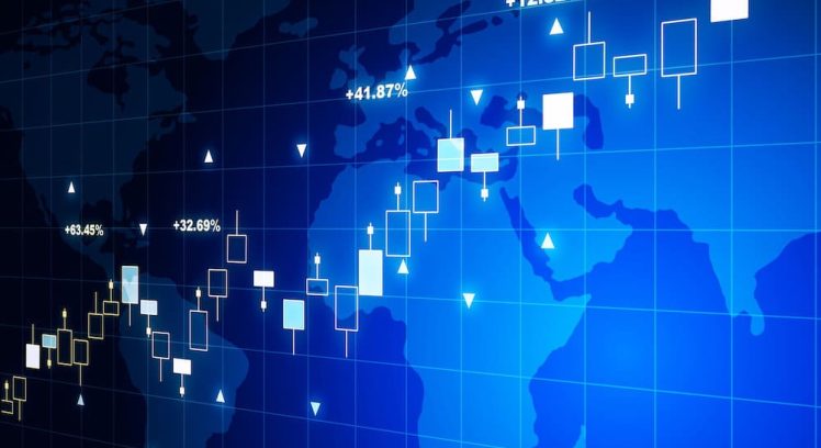 Financial chart on a blue world map background. 3D Rendering