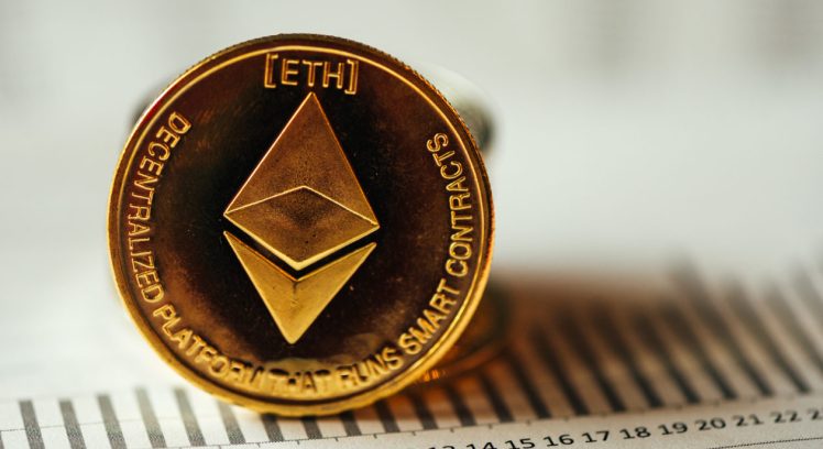 Ethereum cryptocurrency, blockchain technology decentralized currency coin, conceptual image with selective focus