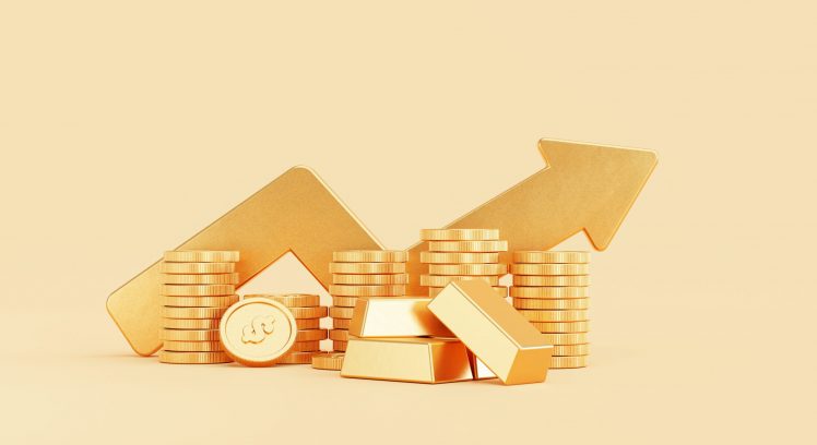 Gold growing arrow with gold coin money stacks and gold bar business and finance savings investment concept background 3D illustration