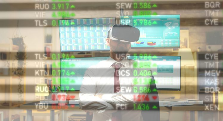 Investor using virtual reality goggles to analyze financial charts, data, and trading statistics. Businessman examining sales and stock market trends to come up with investment insights