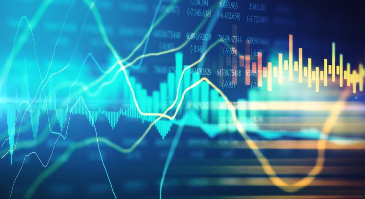 Glowing forex chart with candlestick and index grid. Trading and finance concept. 3D Rendering